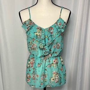 Wet Seal Aqua Floral Ruffle Sheer Spaghetti Strap Tank  - size Small